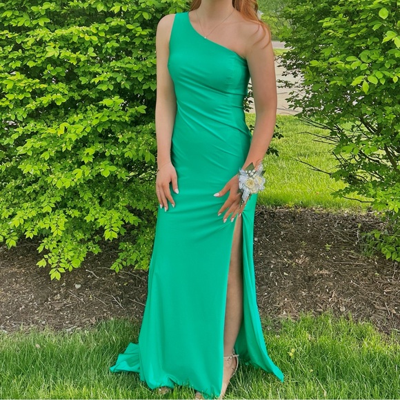 Sophia Thomas Style #7021 One Strap Emerald Green Prom Dress with Slit